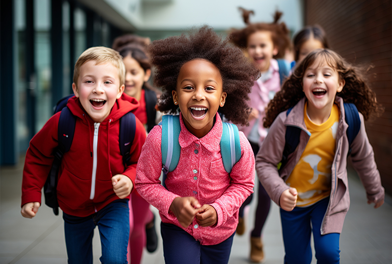 Group of children running to the school bus after school